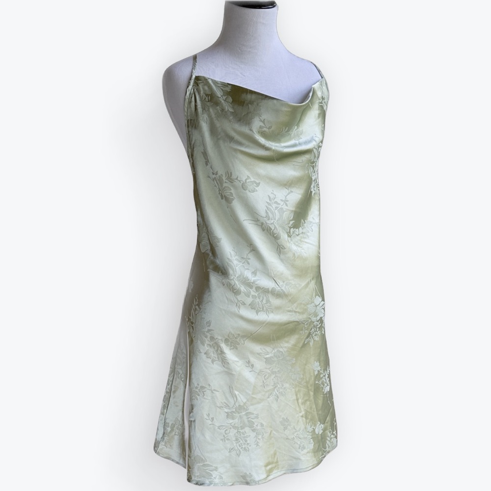 Romantic Green Satiny Cocktail Lace-Up Open Back Cowl Neck Slip Dress ~ No Size